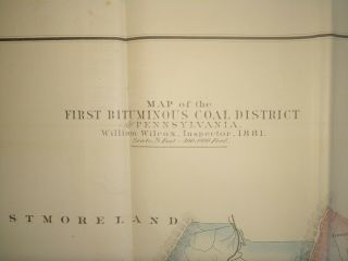 Antique 1881 Color Map Of 1st Bituminous Coal District Of Pa 15 " X 21 "