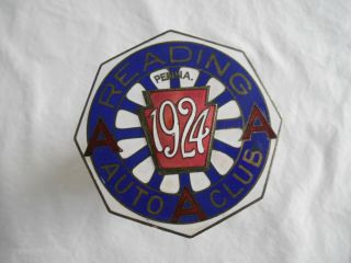 1924 Reading,  Penna.  Triple Aaa Auto Club Porcelain Enameled License Plate Badge