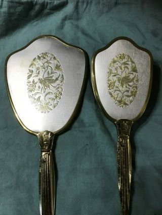 Vintage Made In Usa Large Gold Tone Vanity Brush And Hand Held Mirror Set