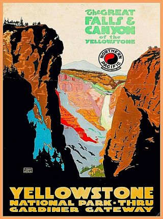 Great Falls Yellowstone National Park Vintage Wyoming Travel Art Poster Print