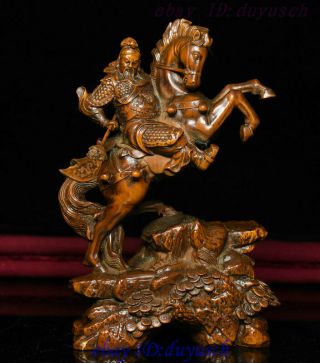 Collect Chinese Boxwood Wood Carved Warrior Guan Gong Yu God Ride Horse Statue