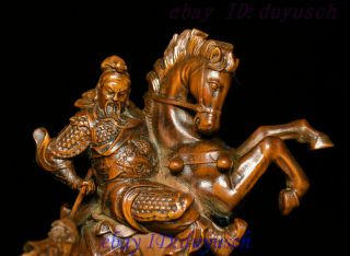 Collect Chinese Boxwood Wood Carved Warrior Guan Gong Yu God Ride Horse Statue 2