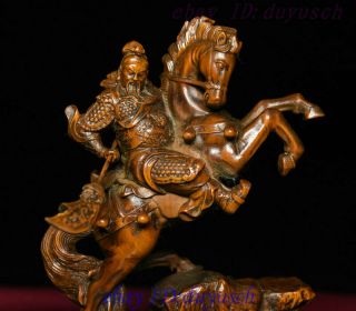 Collect Chinese Boxwood Wood Carved Warrior Guan Gong Yu God Ride Horse Statue 3