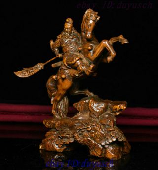 Collect Chinese Boxwood Wood Carved Warrior Guan Gong Yu God Ride Horse Statue 5