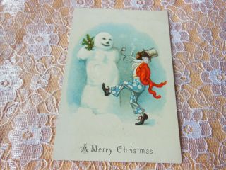 Victorian Christmas Card/black Figure Dancing In Front Of Snowman