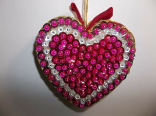 Vintage Lee Ward Hand Beaded Christmas Ornament Pink Heart 4.  5 "