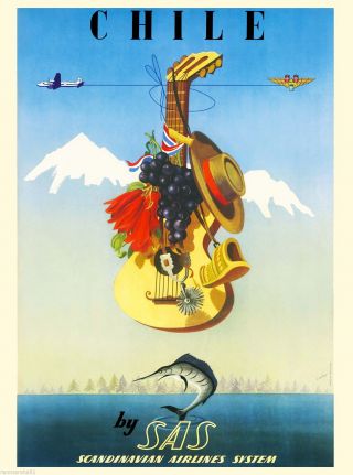 Chile By Airplane South America Vintage Travel Advertisement Art Poster