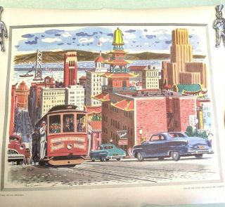 United Air Lines Cable Car San Francisco Fred Ludekens 1950s Vtg Travel Poster