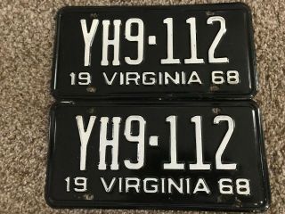 Two (2) Matching Pair 1968 Virginia License Plates Yh9 - 112