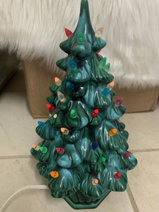 Vintage Green Ceramic Light Up Christmas Tree With Ornaments 22” Tall