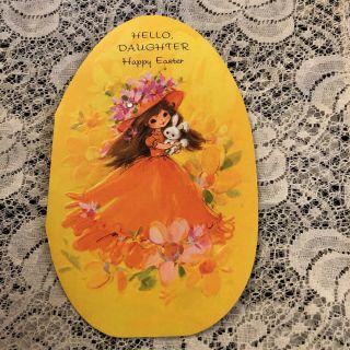 Vintage Greeting Card Easter Cute Girl Orange Dress Bunny