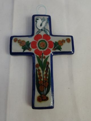 Vintage Mexican Pottery Cross Crucifix Fanciful Floral Dove Decoration 4 1/4 "