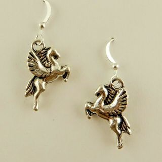 Silver Plated Pegasus,  Winged Flying Horse Earrings