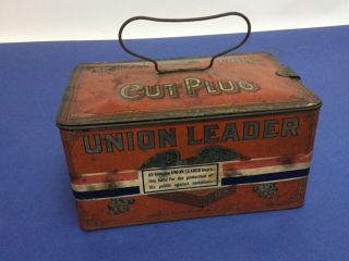 Vintage Union Leader Cut Plug Tobacco Tin Litho Lunch Pail w/ paper band & eagle 3