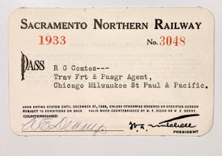 1933 Sacramento Northern Railway Annual Pass R G Coates W E Denny
