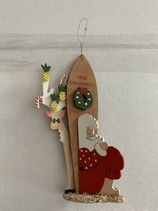 Vintage Emgee Hawaii Wooden Ornament Christmas Santa Reindeer On Beach