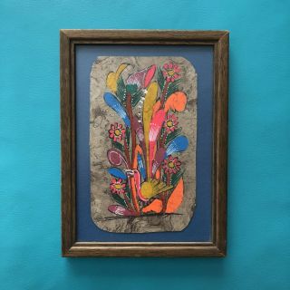 Vintage Mexican Folk Art Painting On Bark Hand - Painted Colorful Birds Framed 5x7