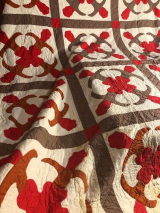 1930’s Vintage Log Cabin Handmade Feed Sack Quilt Red & Brown Cutter 84x92