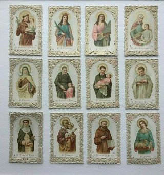 Set Of 12 Antique Paper Lace Holy Cards / Saints