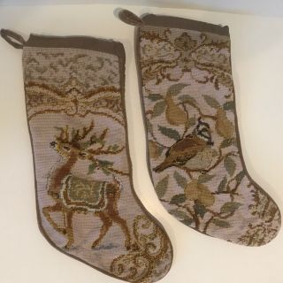 Set Pair 2 Needlepoint Christmas Woodland Stockings Reindeer Bird Gold Xmas