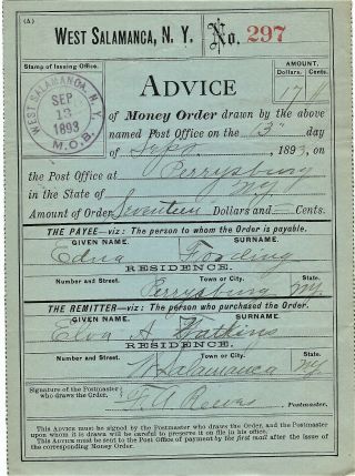 1893 West Salamanca,  Cattaraugus,  County Ny Money Order