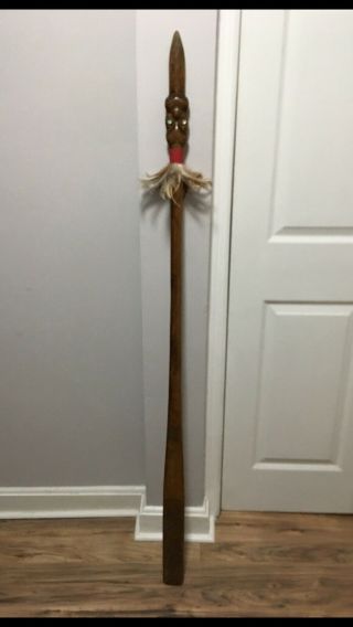 Handcrafted Indian Wooden Spear / Paddle With Feathers.