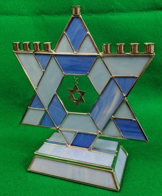 Stained Glass Blue Star Of David Hanukkah Menorah Jewish Holiday Candelabra