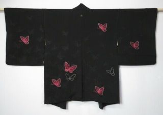 0522n05z660 Japanese Kimono Silk Haori Black Butterfly Embroidery
