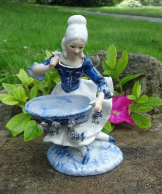 Lovely Blue And White Porcelain Figural Woman Open Salt Dip,  Cellar,  Dish