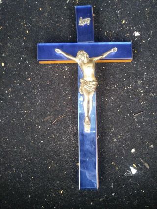 Art Deco C.  1930 Jesus On Wood Cross Crucifix Blue Mirror Background