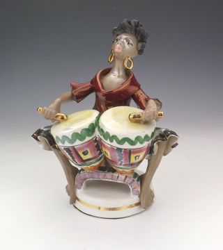 Vintage Italian Pottery - Black Lady Bongo Player Kitch Figure - Retro 1950 