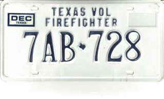 Texas Undated (1991 To 2000) License Plate - - 7ab 728 - - Volunteer Firefighter