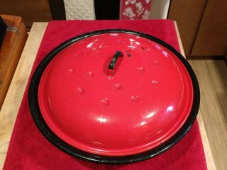 Large Vintage Red & Black Round Enamelware Roasting Pan With Lid,  Dutch Oven
