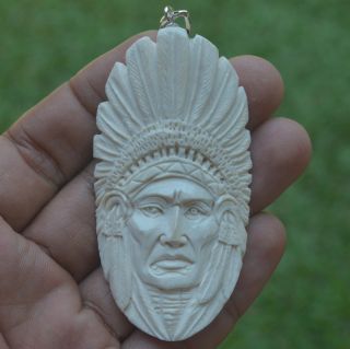 Indian Carving 71x37mm Pendant P4070 W Silver In Buffalo Bone Carved