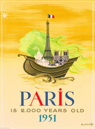 1951 Paris France Notre Dame Vintage Travel Advertisement Poster