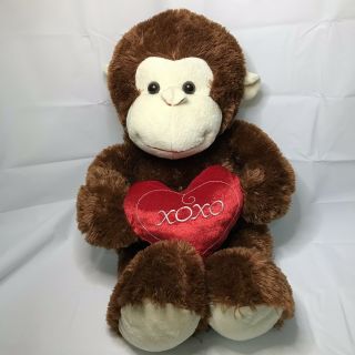 Monkey Valentine Lg Brown Plush 16 " Sitting Red Heart Pillow Xoxoxo Kisses Hugs