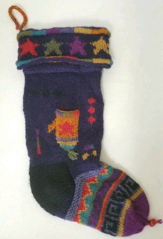 Newari Icelandic Design Knit Christmas Stocking Hand Made Wool Nepal Pocket