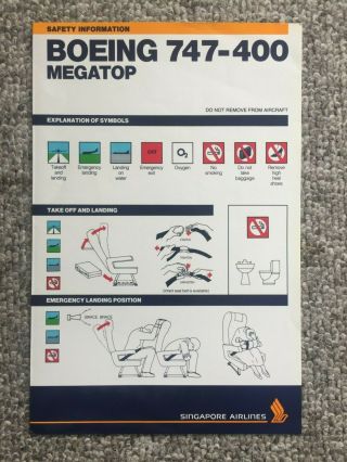 Singapore Airlines Boeing B - 747 - 400 Safety Card (sqa 0425 A)