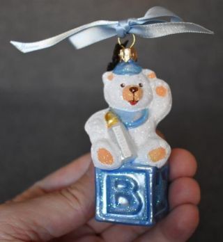 Adorable 2008 Neiman Marcus Baby Teddy Bear W Bottle Christmas Ornament In Blue