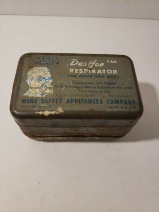 Rare Antique/vtg Dustfoe 66 Respirator Tin Mine Safety Appliances Co Metal Box
