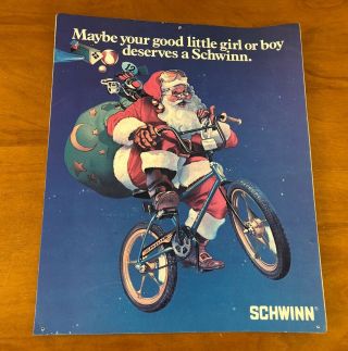 Vtg Schwinn Phantom Santa Claus Bicycle Print Sign Bike Christmas 80’s