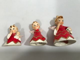 Set Of 3 Vintage 1956 Geo Lefton Japan Ceramic Christmas Angel Bells Hh 80112