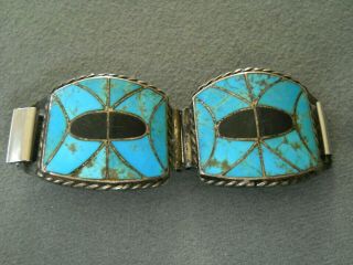 Native American Turquoise Inlay Sterling Silver Cut - Out Watch Tips Signed Dm