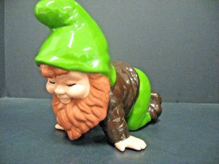 Vintage Ceramic Garden Gnome Elf Hands & Knees Green & Brown Red Bearded Gnome