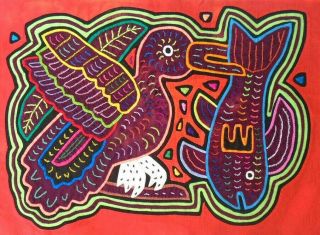 Kuna Indian Art.  Hand Stitch.  Bird Fishing - 1039.  Mola Art Of Panama.