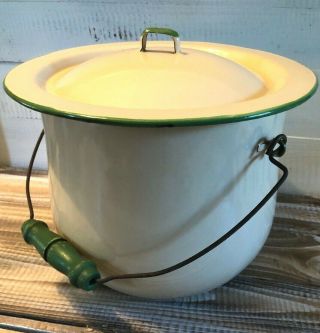 Vintage Large Enamel Lidded Pot Bucket Cream & Green Trim W/ Wooden Wire Handle