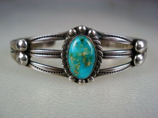 Fine Old Navajo Stamped Sterling Silver & Blue Gem Turquoise Bracelet