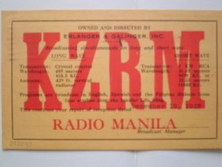 Qsl Card From Radio Station Kzrm Manila Commonwealth Of The Philippines 1938