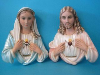 Vintage Mother Mary And Jesus Sacred Heart Chalkware Wall Art Hanging Plaque