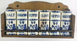Vintage Blue Willow Ceramic Spice Shakers (6) With Wooden Wall Spice Rack Japan